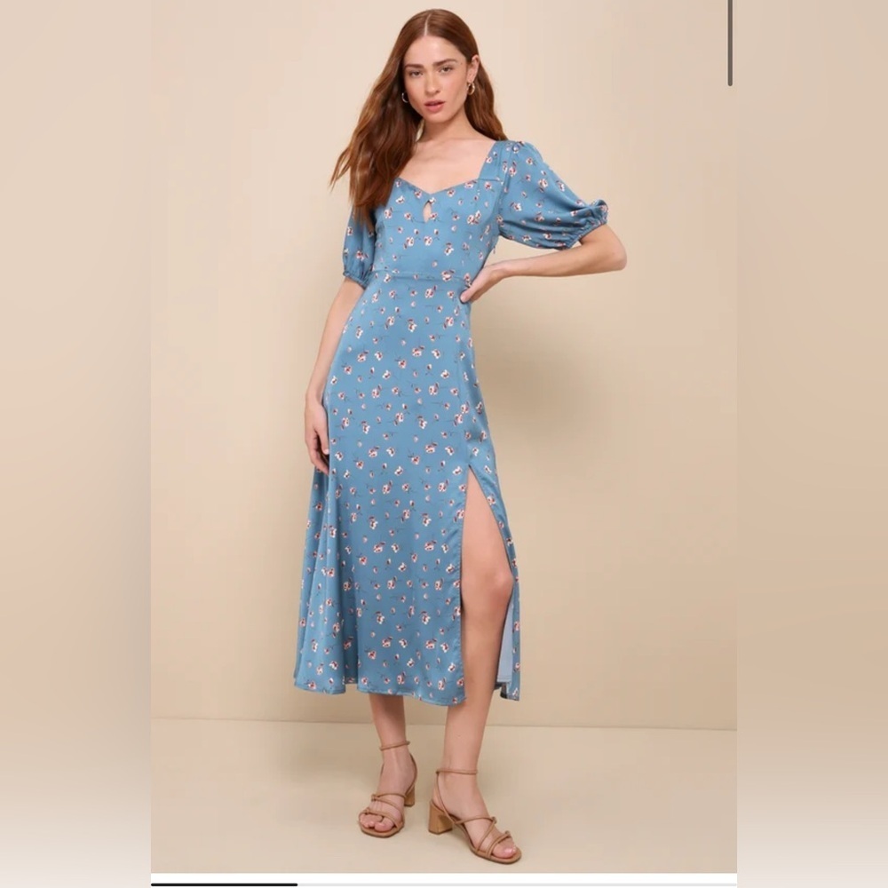 Lulus Gorgeous Days Blue Floral Satin Puff Sleeve Midi
Dress NWT Size XL - Picture 2 of 11